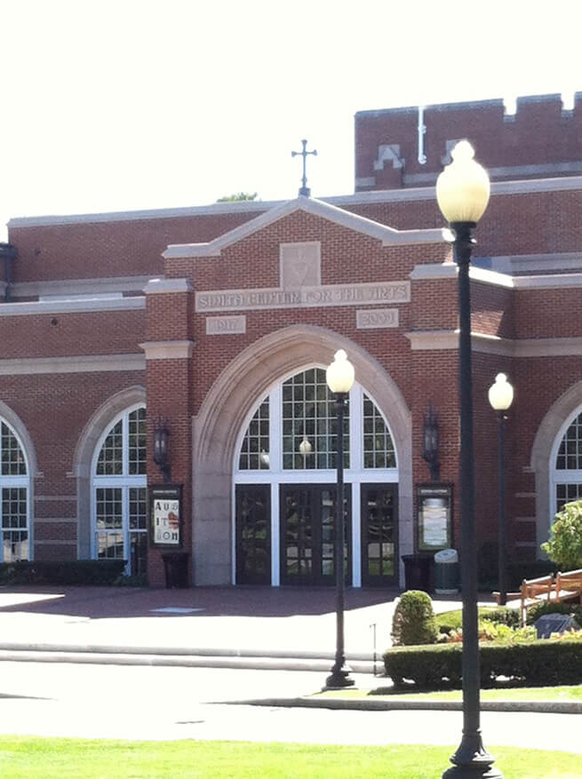 Close-up of front entrance of Smith Center for the Arts at Providence College