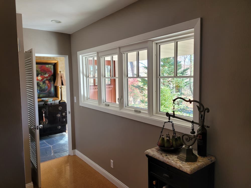 Interior view of white replacement windows with special grilles in Dayton home