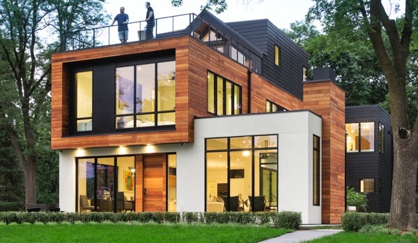 Modern home exterior with lots of floor-to-ceiling windows