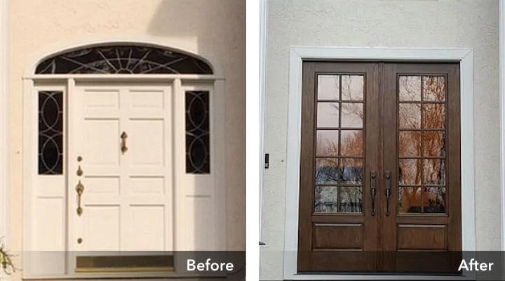 Before and after project photos introducing glass panels and a double-door configuration