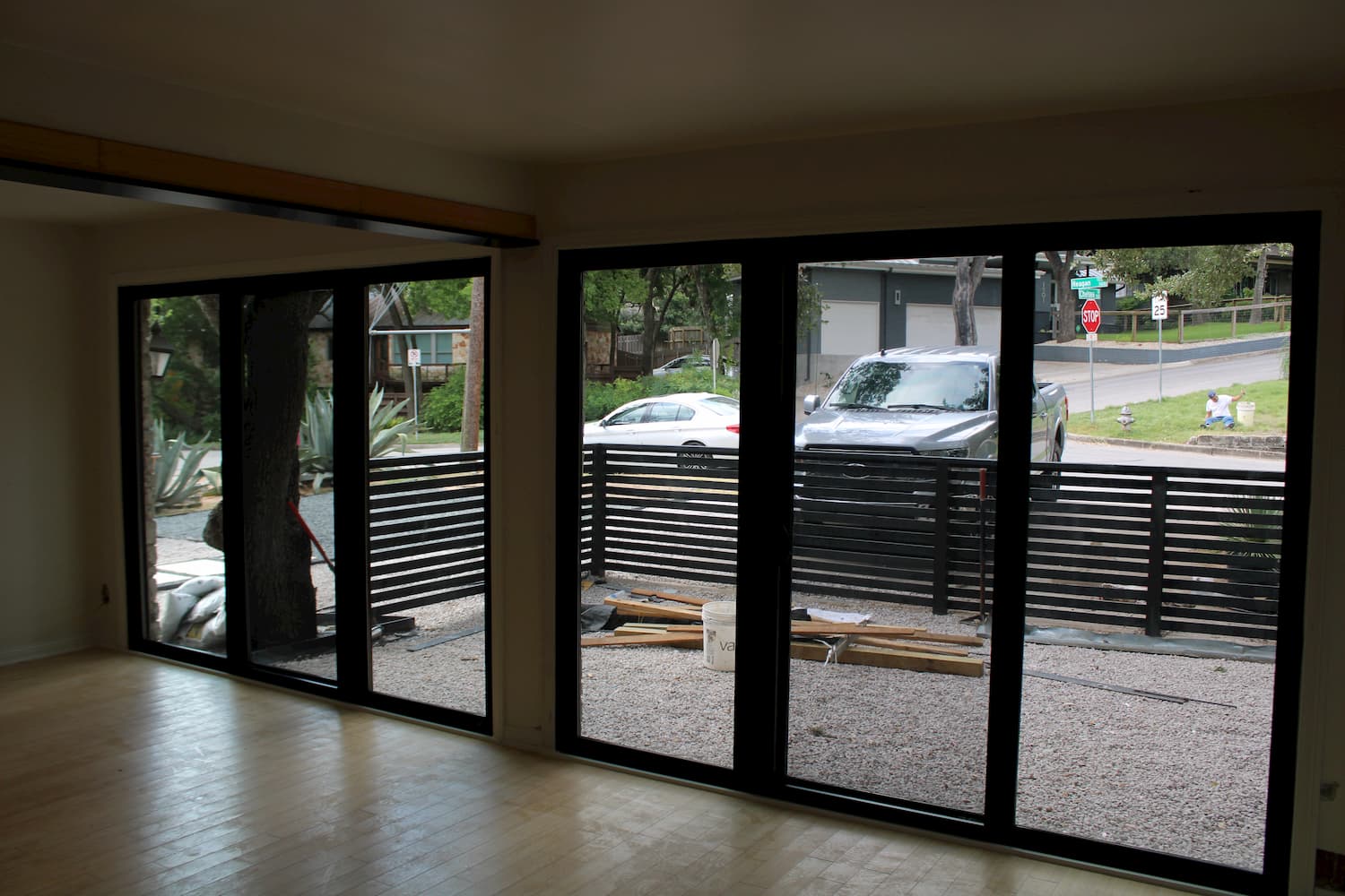 Interior shot of triple sliding glass doors in converted garage