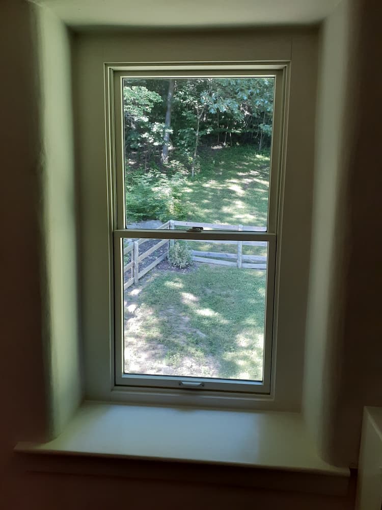 Inside of white double-hung window on second story overlooking back yard