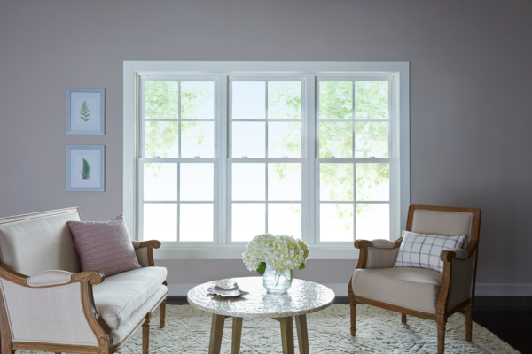 Pella 250 Series vinyl double-hung windows in living room