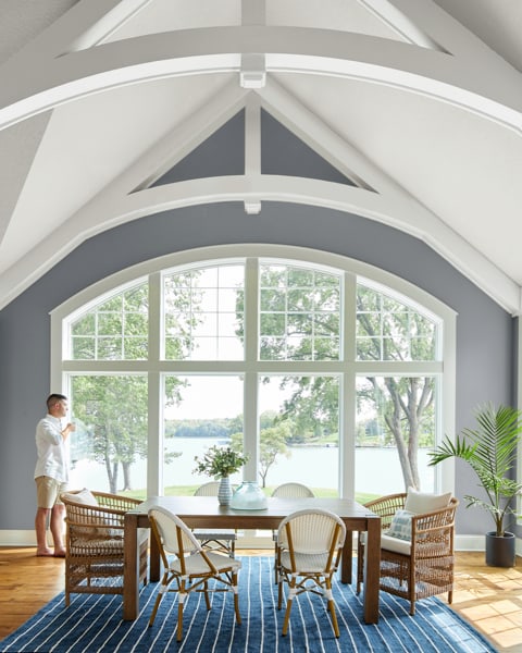 Home interior with a soft blue-grey and white coastal color palette 