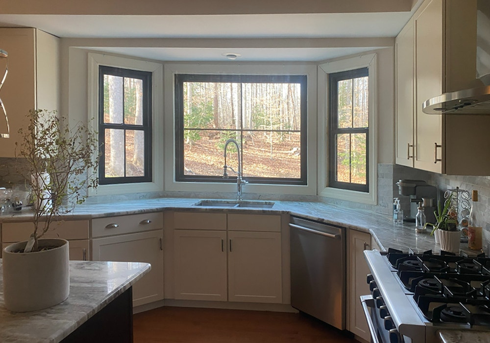 Charlottesville, VA, kitchen sink framed by fiberglass bay window