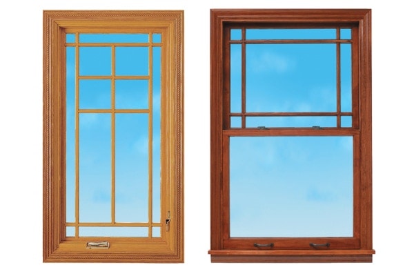 Examples of prairie windows in light and dark wood options side by side