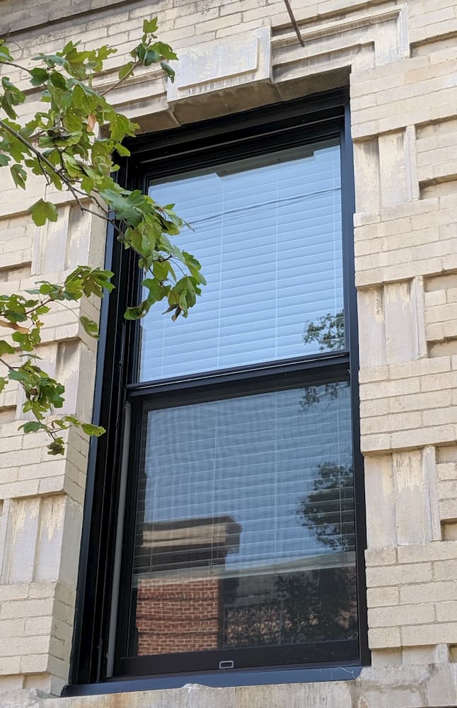 Black wood double-hung window on brick building