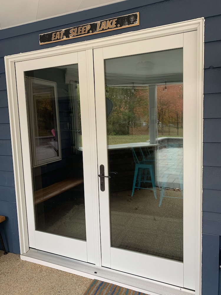 Hinged patio doors on back of Mineral home