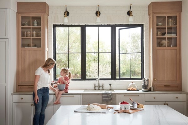 Pella black fiberglass casement kitchen windows