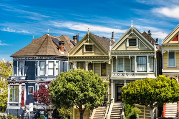 A row of Victorian Style brownstones in the Painted Ladies style