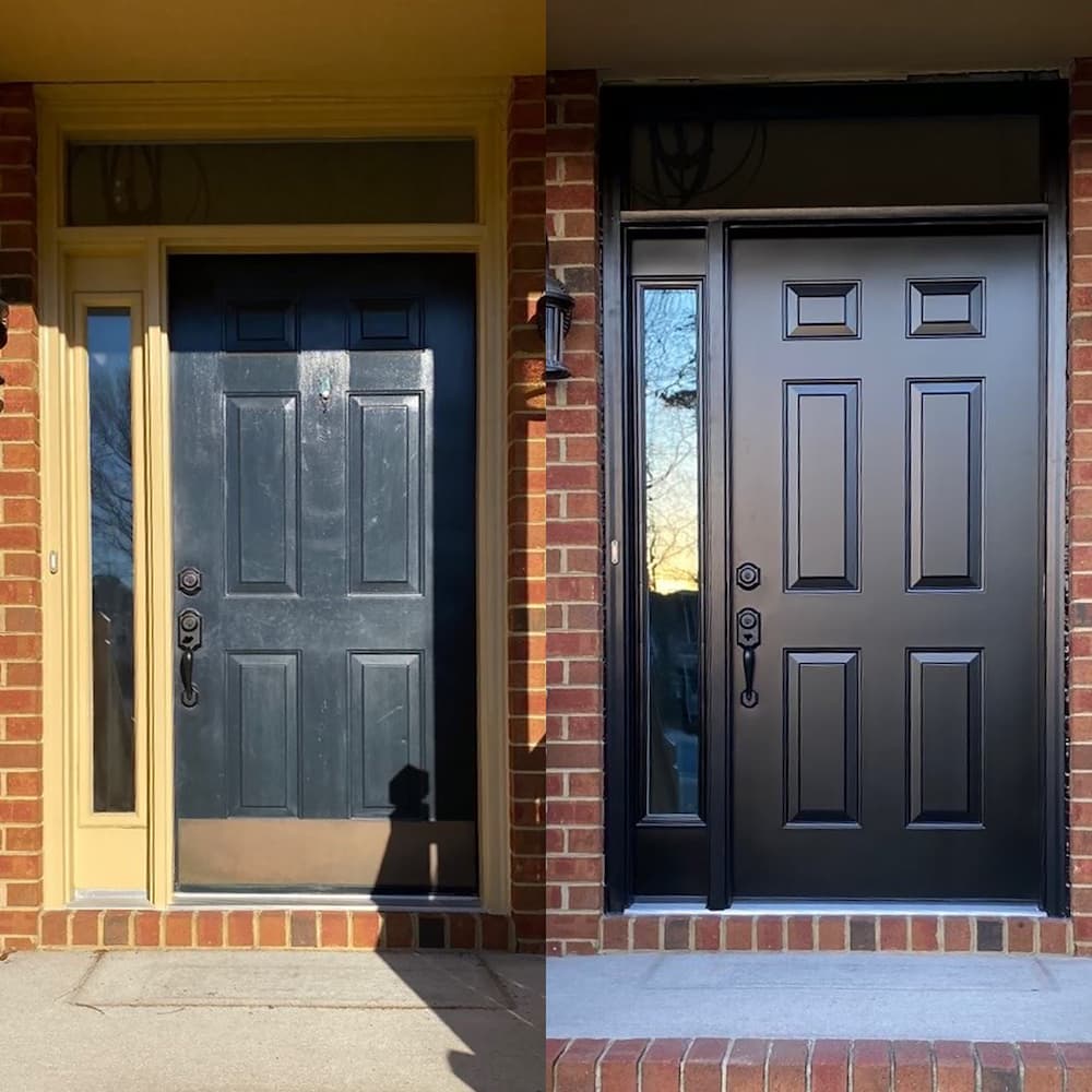 Before and after of Chesapeake home's front entry with fiberglass door