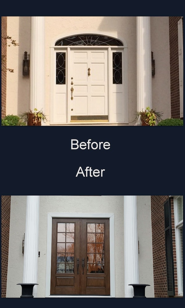 Before and after images of new front entry door on Kansas City home