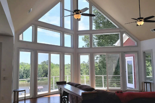 Vinyl windows in unique shapes put together to form a striking feature