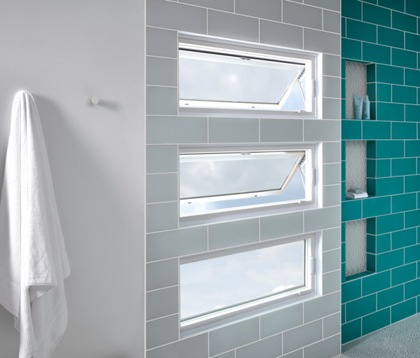 Pell awning windows in tile bathroom with shower