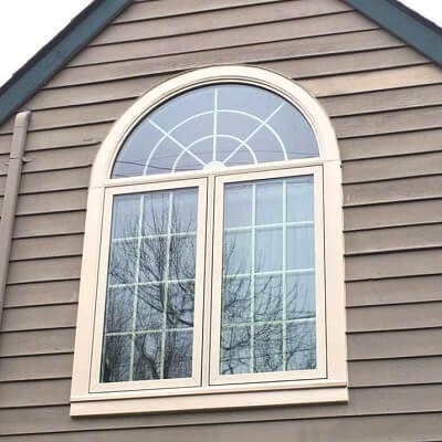 wood casement window with overhead arch