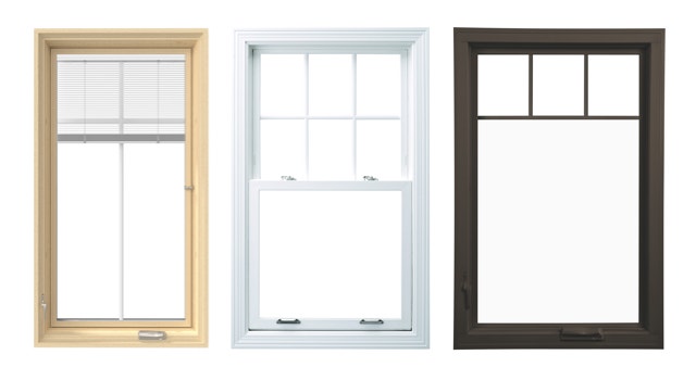 Tan frame wood, white frame fiberglass and dark frame vinyl windows lined up side-by-side