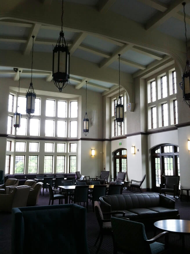 Wall of windows inside the Ruane Center for Humanities at Providence College