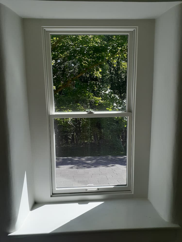 Inside of white double-hung window on second story overlooking forest