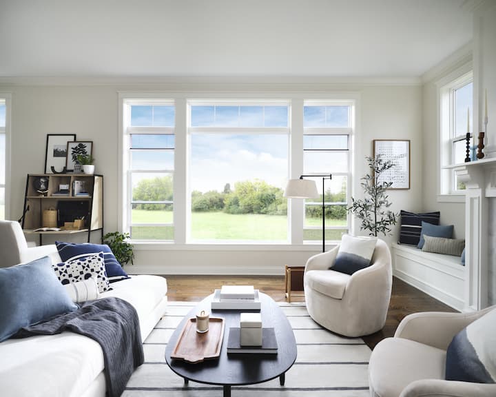 Living room with large white windows