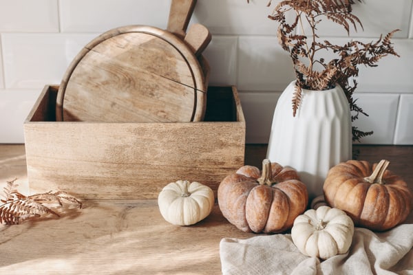 earth toned fall decor in a kitchen