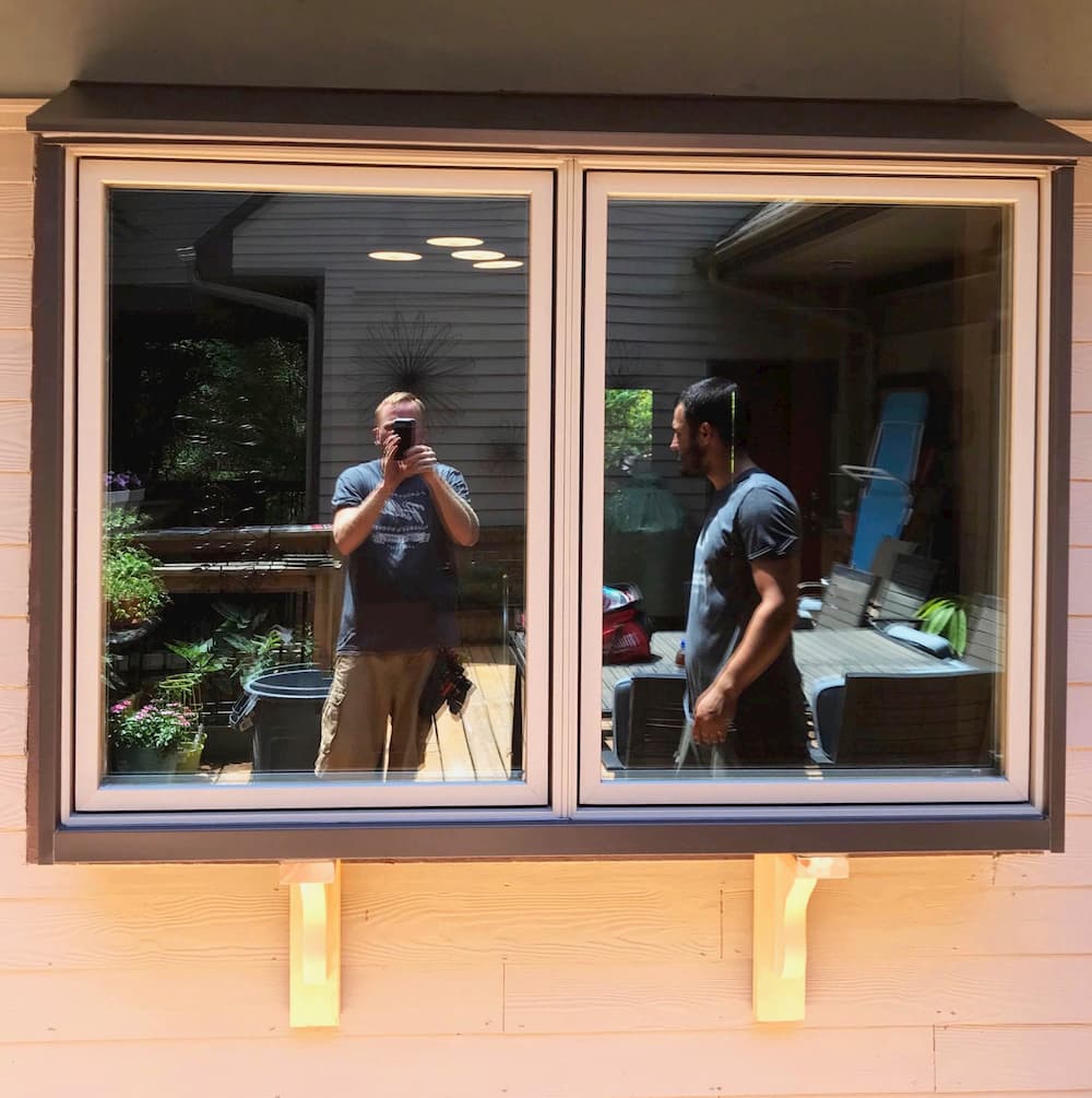 Exterior view of new wood casement windows