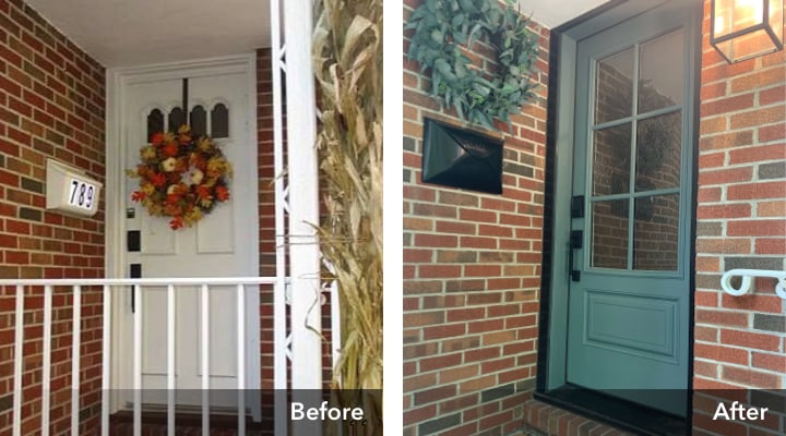 Entry door before and after photos showcasing a colored entry door project by Pella