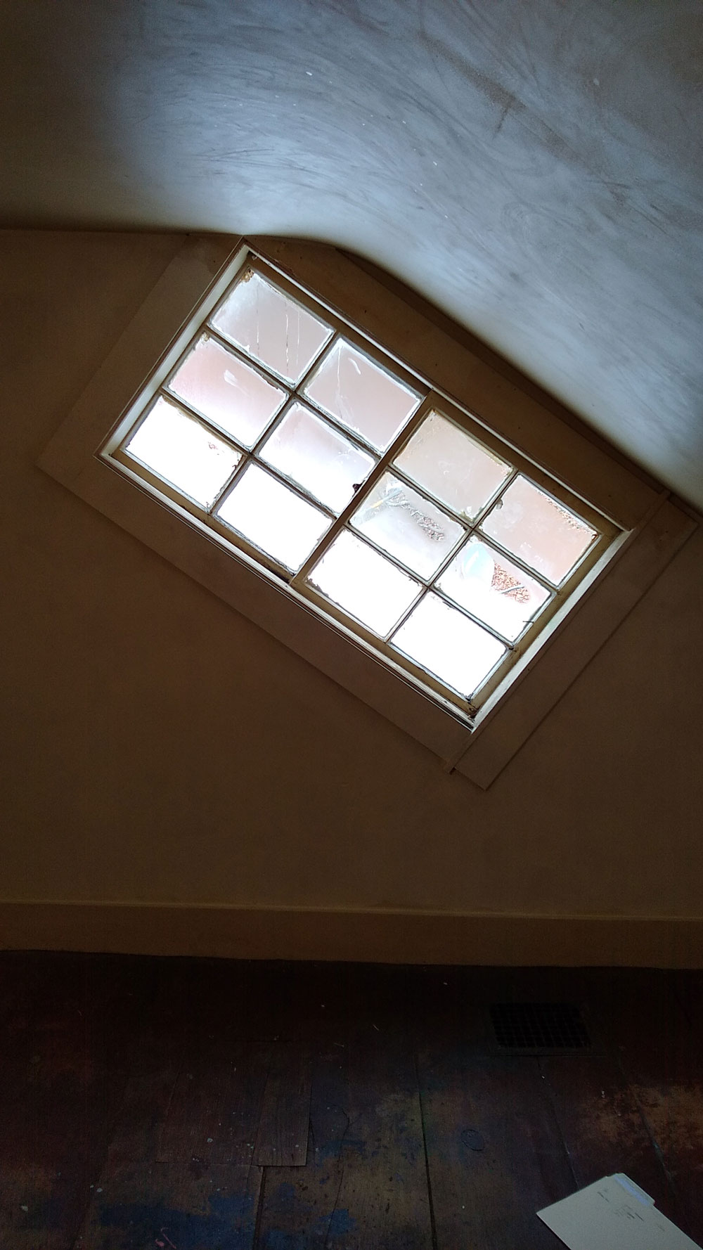 Old upstairs window in Century home in Hadley, MA, before upgrade to vinyl windows