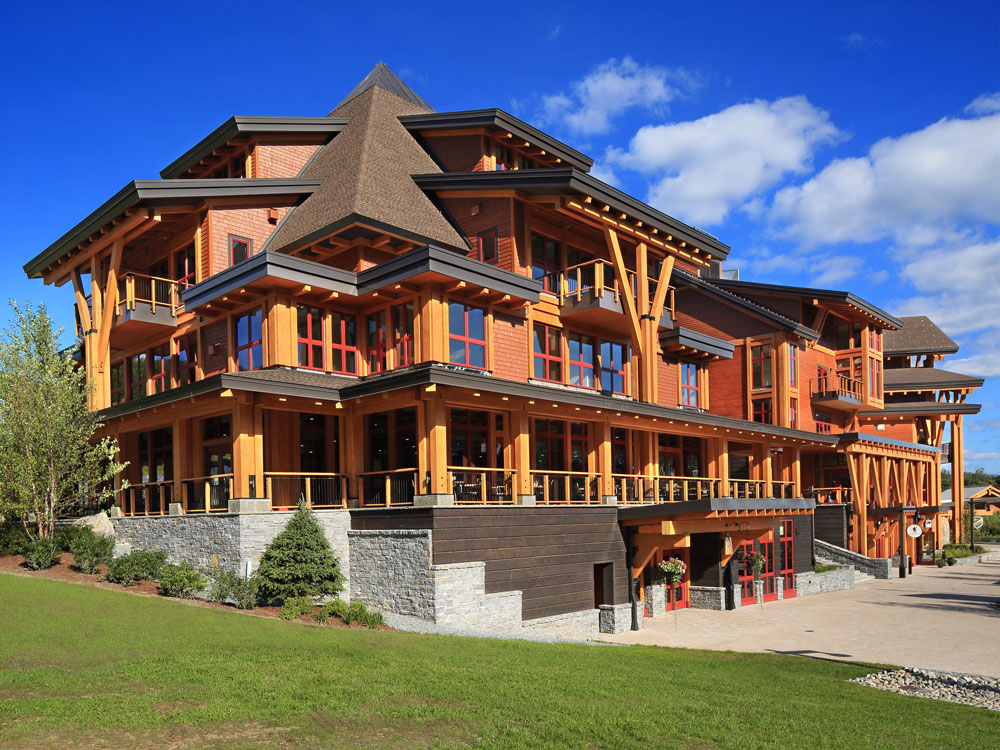 Side view of lodge at Spruce Peak in Stowe, Vermont