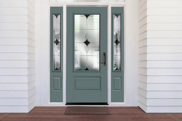 Modern looks often call for muted colors. Shown is an entry door in muted gray/green.