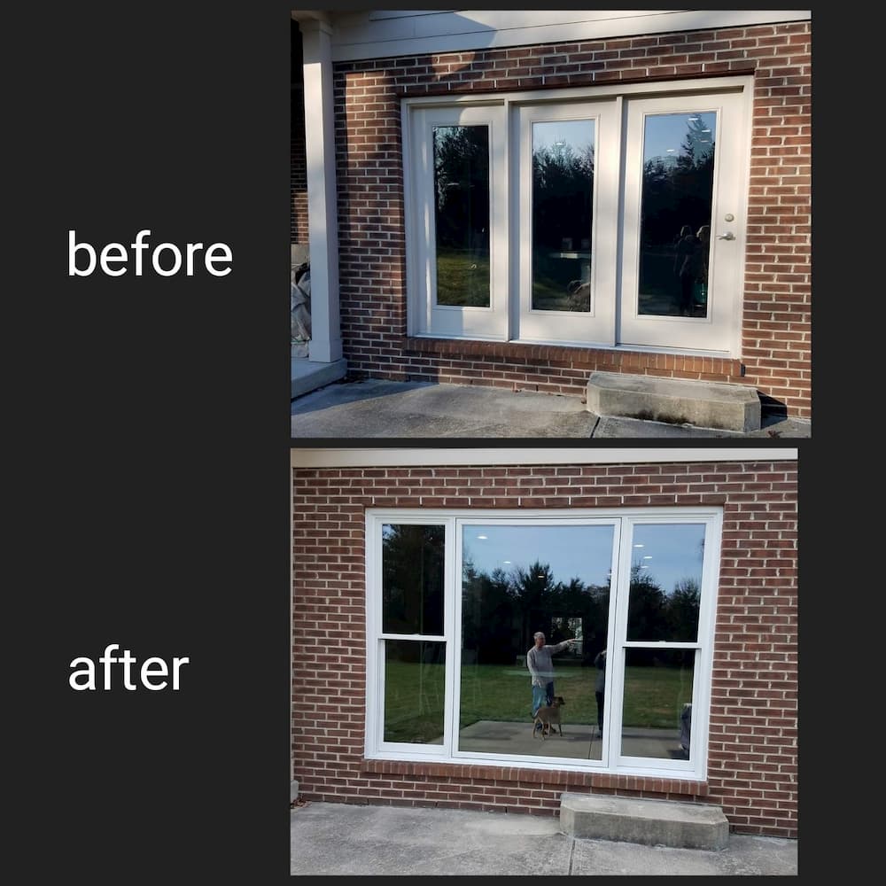 Before and after composite photo comparing an old patio door to a new wood window 