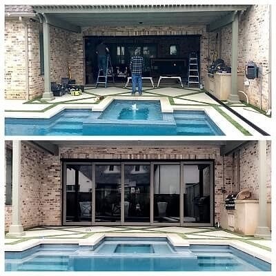 Patio with pool and sliding patio doors