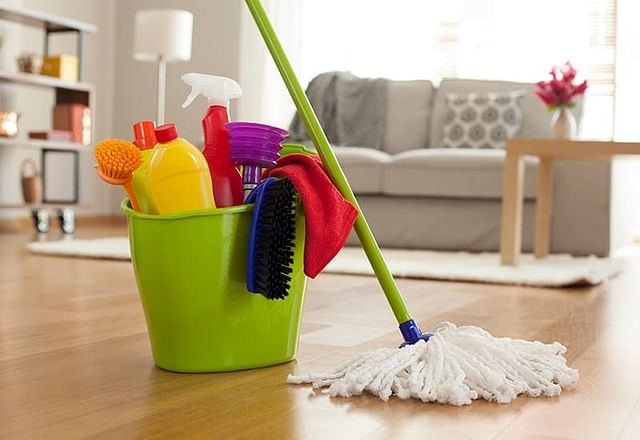Cleaning supplies bucket and mop