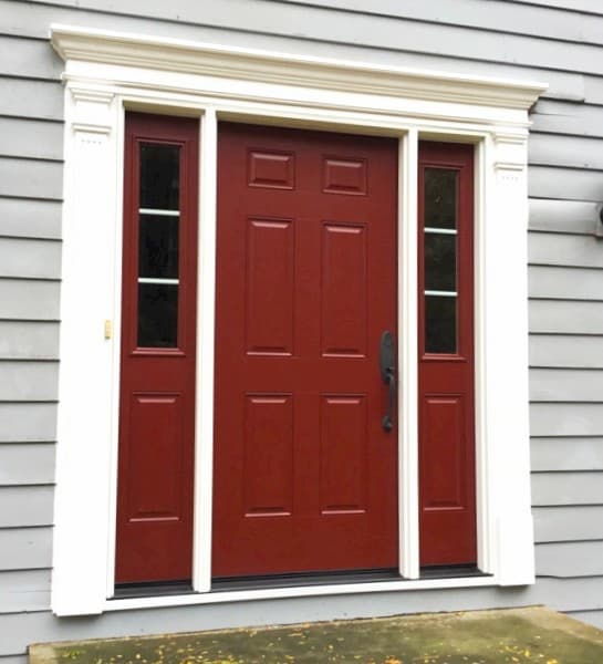 New red 6-panel fiberglass entry door with sidelights