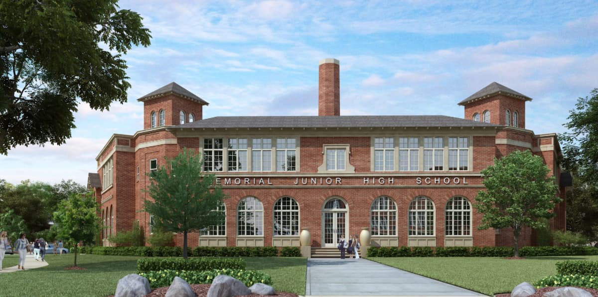 Rendering of a brick building reimagined with new fiberglass windows