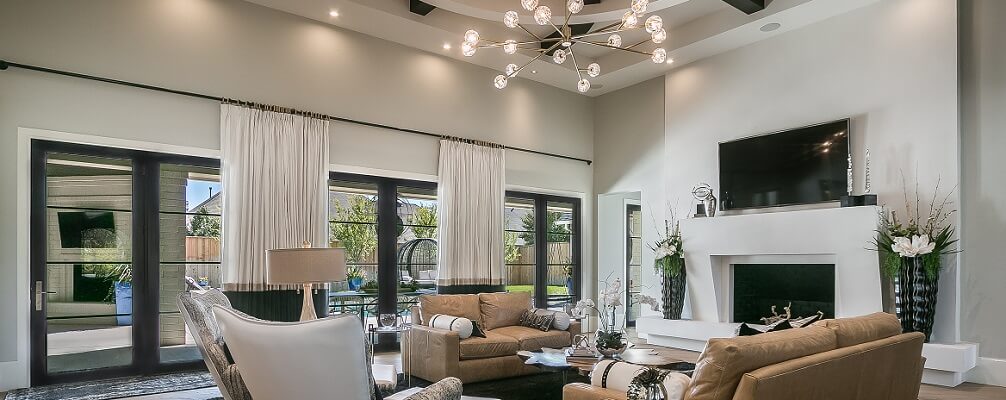 living room view of dallas new construction home with wood casement windows