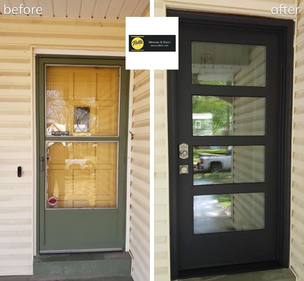 Lenexa, Kansas, four-light black front entry door replacement before (left) and after (right)
