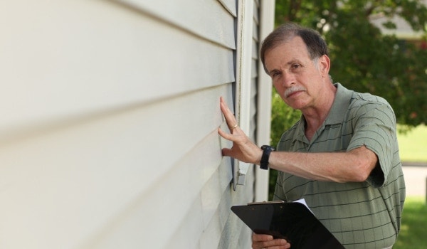 Home inspector looks at exterior siding