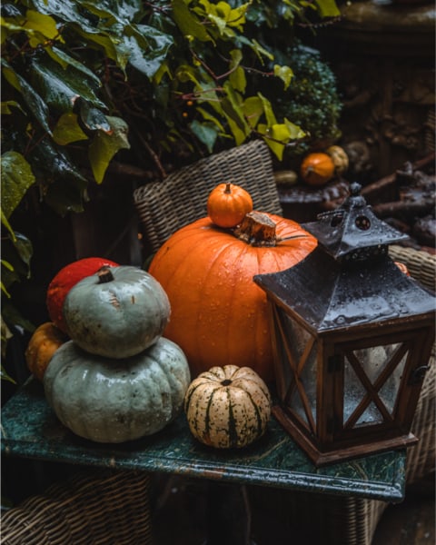 fall decor with a vintage vibe featuring pumpkins and a vintage lantern