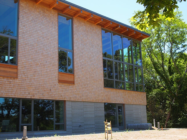 Corner of Eastham Public Library with new Architect Series Contemporary windows 