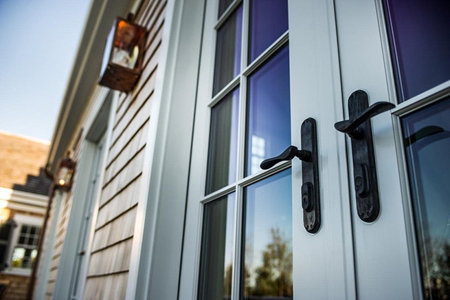 Close-up of French patio door handles on the 2015 HGTV Dream Home in Martha's Vineyard