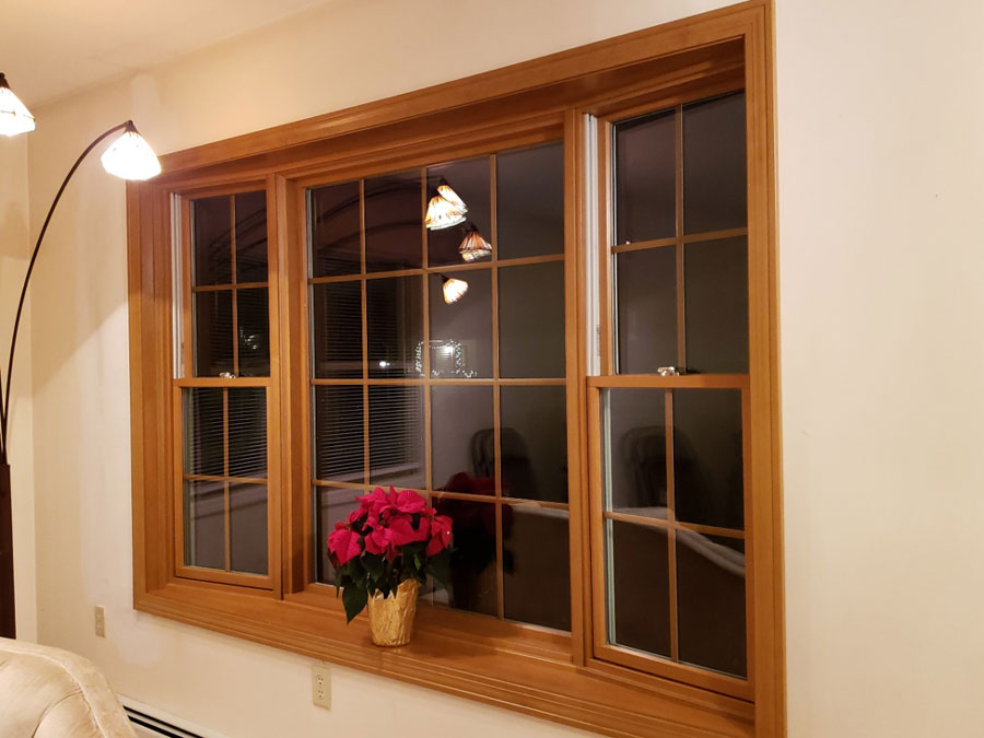 Interior view of custom wood bay window in a home in Essex, VT, home