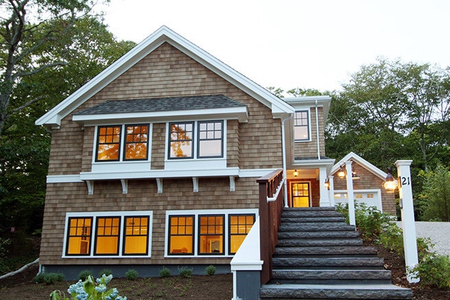 Exterior view of Woods Hole shingle-style home with Architect Series windows