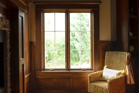 Energy-efficient wood Lifestyle Series windows in living room