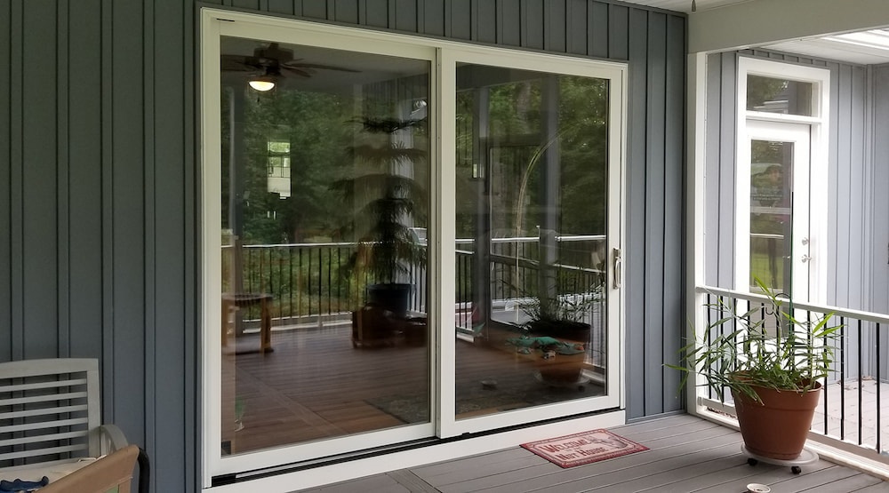 Exterior shot of new sliding glass patio doors in Mineral, VA home
