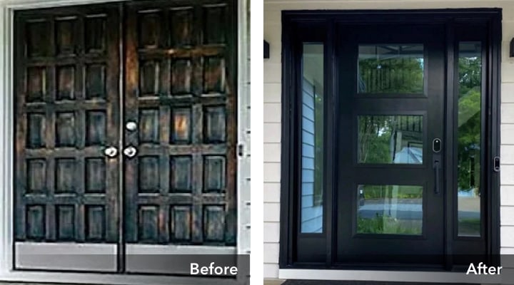 Before and after entry door photos, the after photo features the addition of sidelight windows