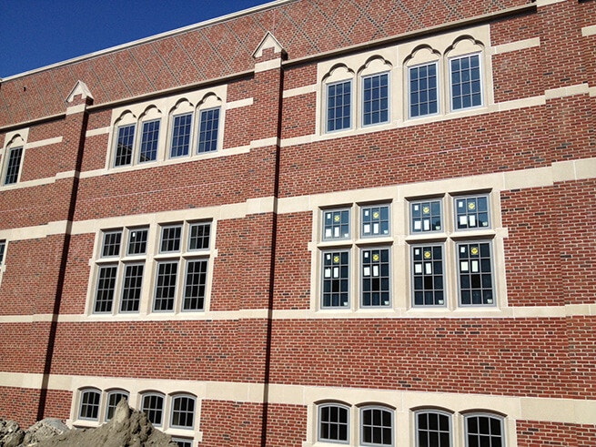 Close-up of the new windows on the Ruane Center for Humanities at Providence College