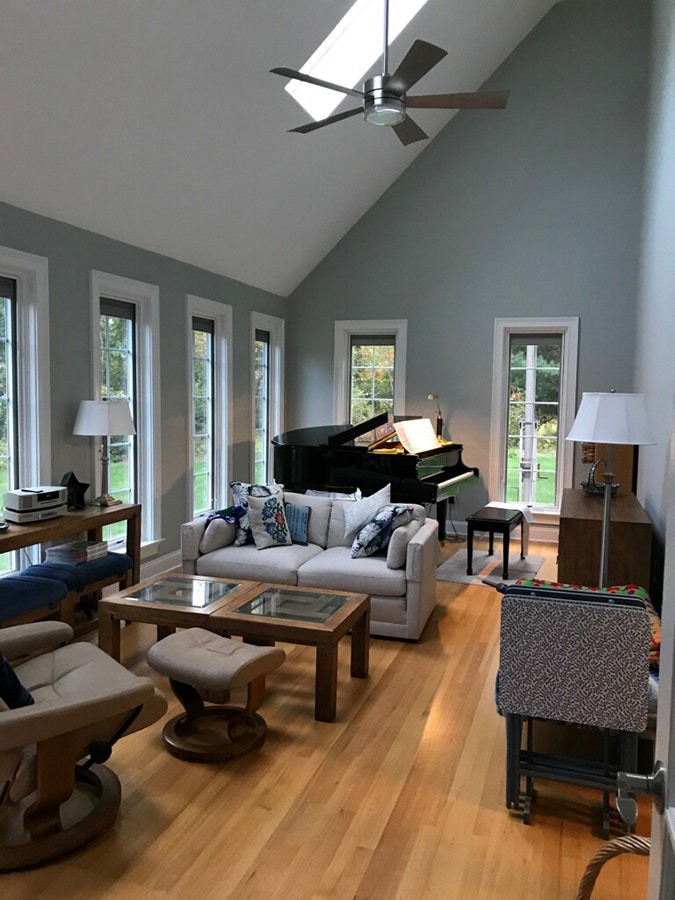 Interior view of new wood windows in West Granby, CT, home