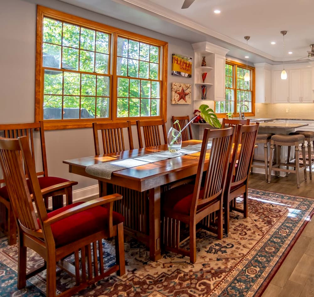 Interior view of kitchen with wood double-hung windows with traditional grille patterns