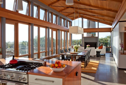 Glass walls in kitchen of Outermost House made with Architect Series wood windows