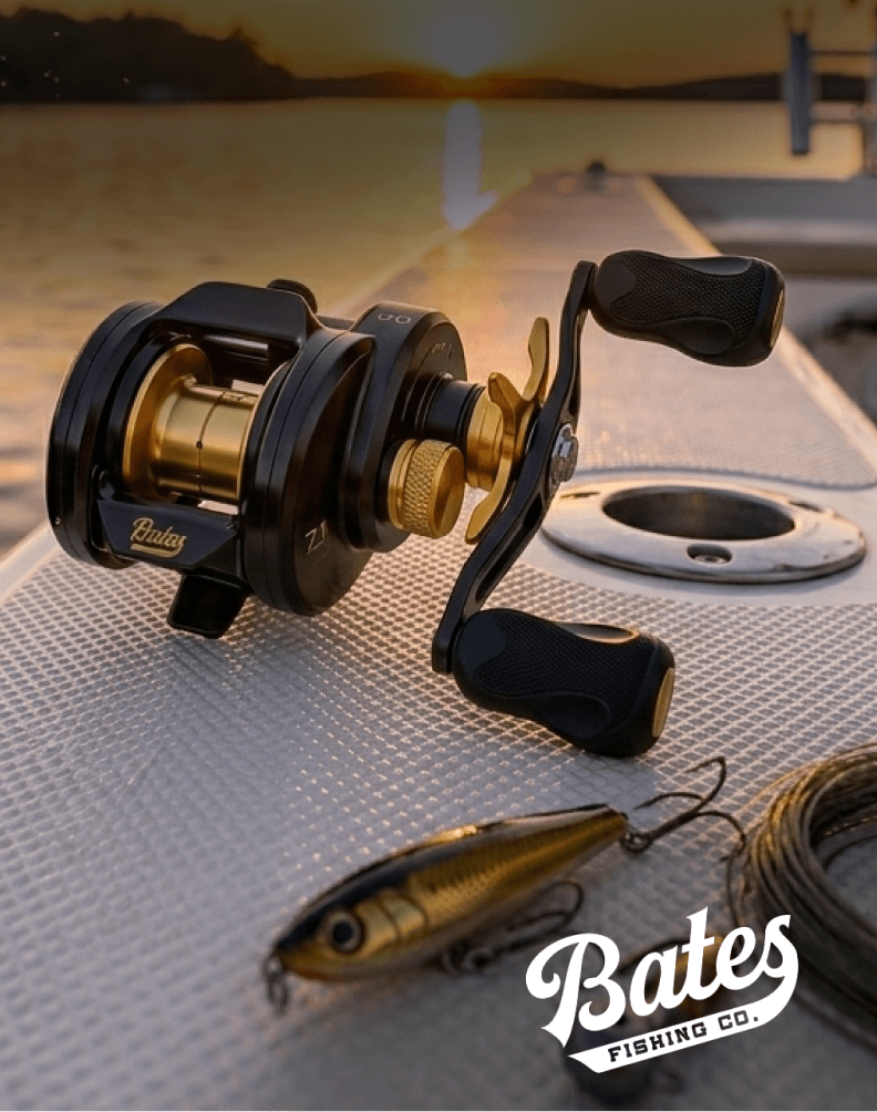 Bates baitcasting fishing reels displayed on a wooden table.